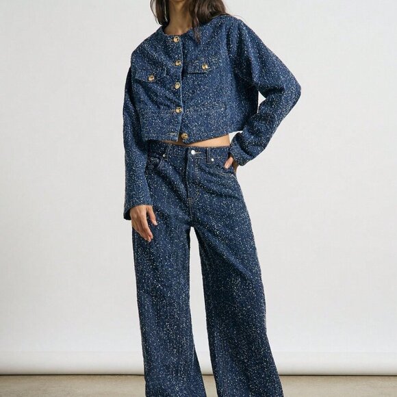 Blue Elegant Women's Collarless Button Front Long Sleeve Denim Jacket - Picture 4 of 4